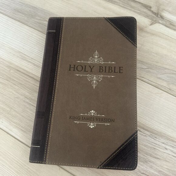 KJV Bible Dark Brown/Tan Portfolio Faux Leather - Picture 1 of 5